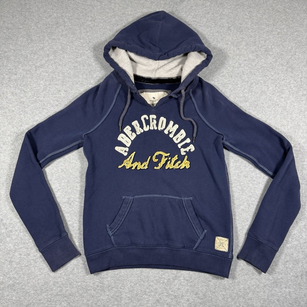 Y2K Abercrombie & Fitch Hoodie Men's Size L Navy Spellout Embroidered Pullover